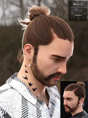 Yvanovich Bun Hair and Beard for Genesis 8 Male(s)-伊凡诺维奇为《创世纪》第8章男性设计的发髻和胡须
