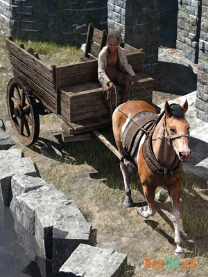 Rustic Cart and Yoke for Daz Horse 3-达兹马3的乡村马车和轭