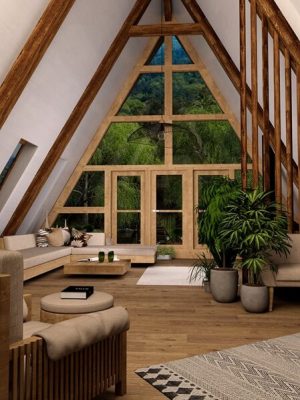 Scandinavian Style A-Frame House AddOn Living Room-斯堪的纳维亚风格的框房子附加在客厅上